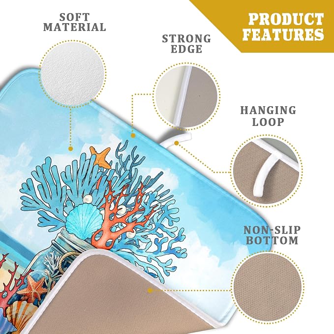 Coastal Coral Dish Drying Mat 16x18 inch Starfish Shell Fast Dry Microfiber - Image 4