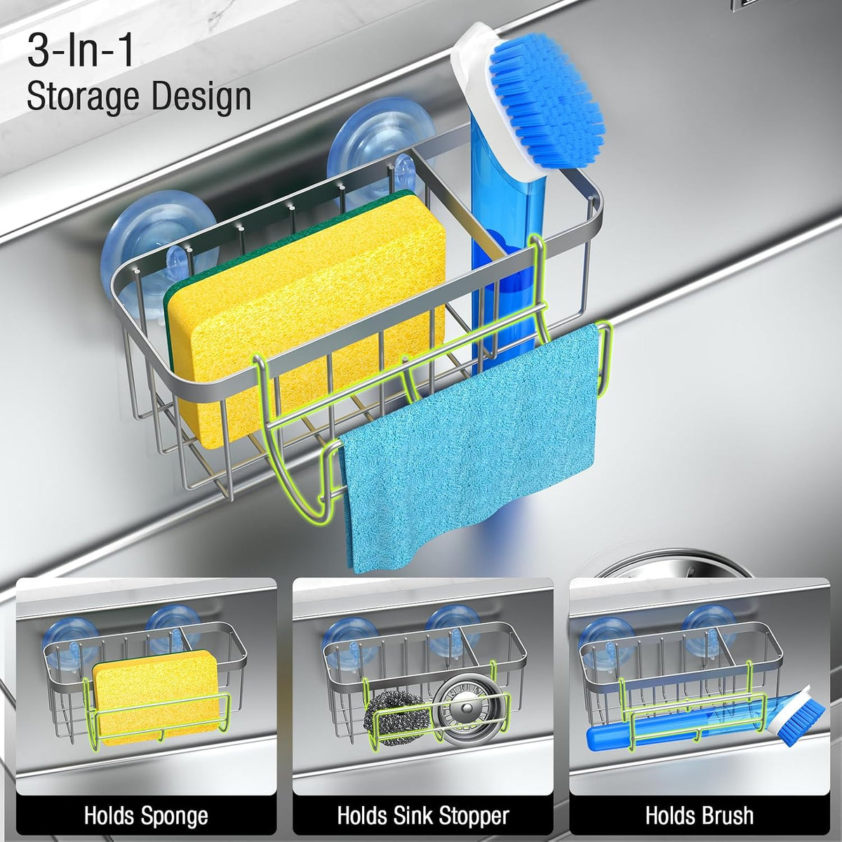 3-in-1 Kitchen Sink Caddy Organizer with Sponge Holder, Brush Holder
