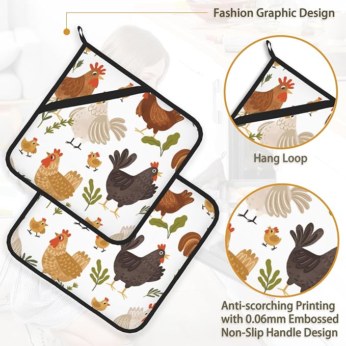 Cute Roosters Pot Holder Set of 2, Heat Resistant Potholders Oven Hot Pads - Image 4
