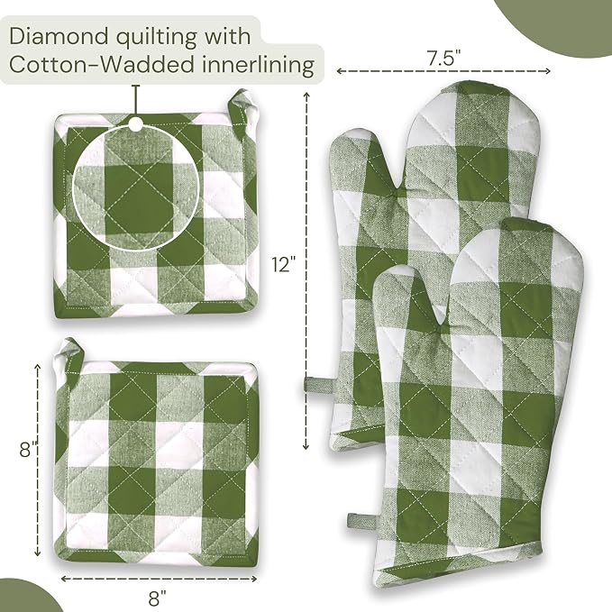 Buffalo Plaid Check Oven Mitts and Pot Holders Set, 100% Cotton, Heat Resistant - Image 7