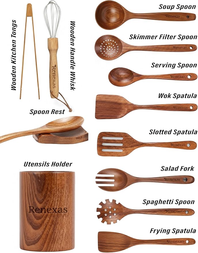 12-Piece Teak Wooden Kitchen Utensil Set – Nonstick Safe Cooking Spoons & - Image 3