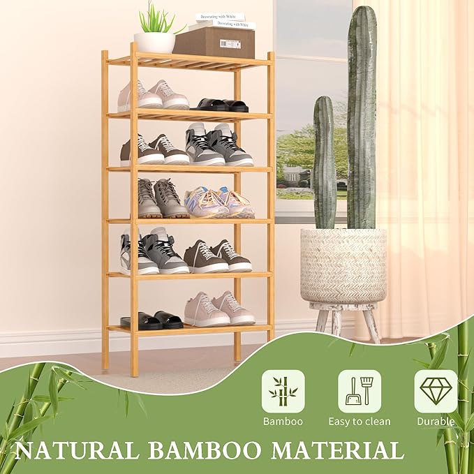 ROMGUAR CRAFT 6-Tier Bamboo Small Shoe Rack, Free Standing Wood Shoe Shelf - Image 4