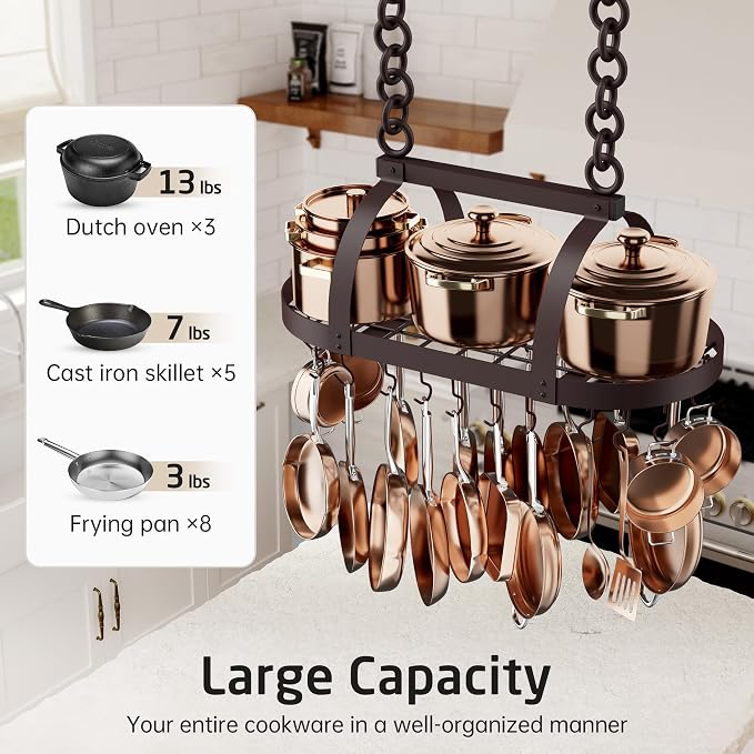 KES 34 Inch Oiled Bronze Hanging Pot Rack, Heavy Duty Oval Pot and Pan Hanging - Image 2