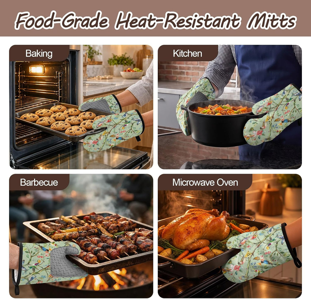 Bird Oven Mitts and Pot Holders Sets 3PCS, Floral Botanical Print