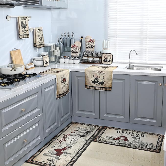 Fourluoo 10 Pcs Barn Chicken Kitchen Dish Towels Rugs Oven Mitts and Pot - Image 7