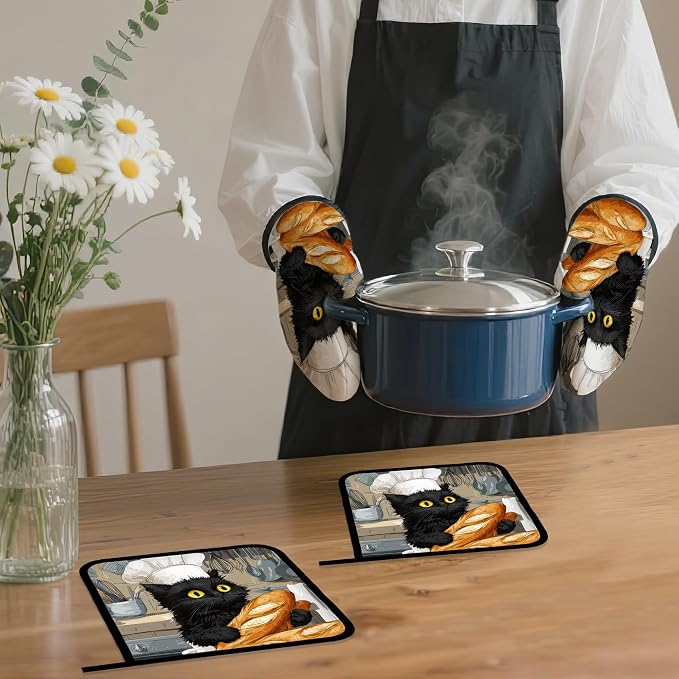 Cute Black Cat Oven Mitts and Pot Holders Set, Chef Kitchen Decor Heat - Image 7