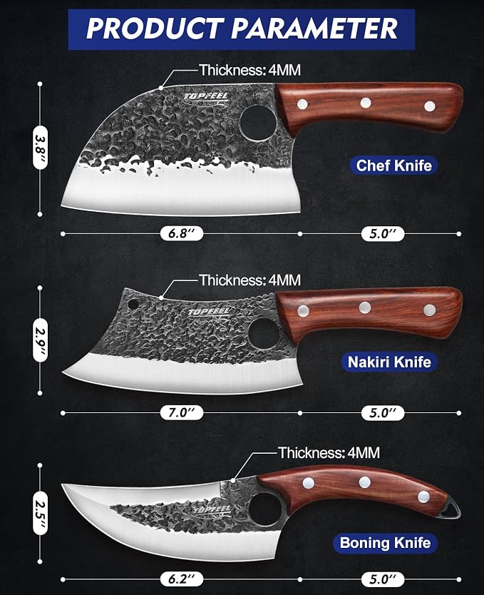 Topfeel 3PCS Butcher Knife Set, Hand Forged Serbian Chef Knives & Meat Cleaver - Image 6
