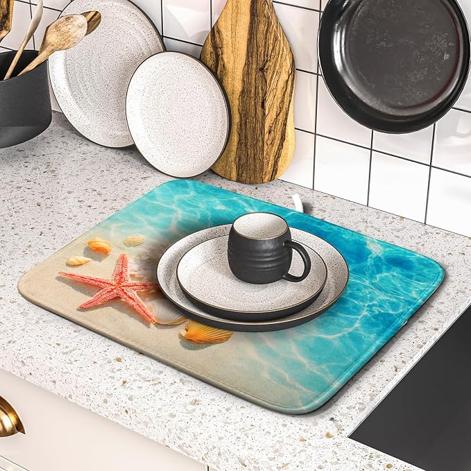 Giwawa Coastal Starfish Dish Drying Mat 16"x18" Ocean Blue Sea Coral Seashell - Image 5