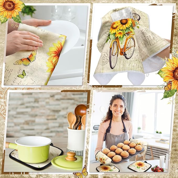 Fourluoo 10 Pcs Sunflower Kitchen Dish Towels Rugs Oven Mitts and Pot Holders - Image 6