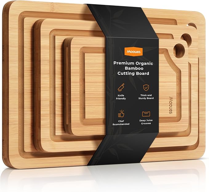 Bamboo Cutting Board for Kitchen, Knife-Friendly Wooden Cutting Boards Set by Mooues