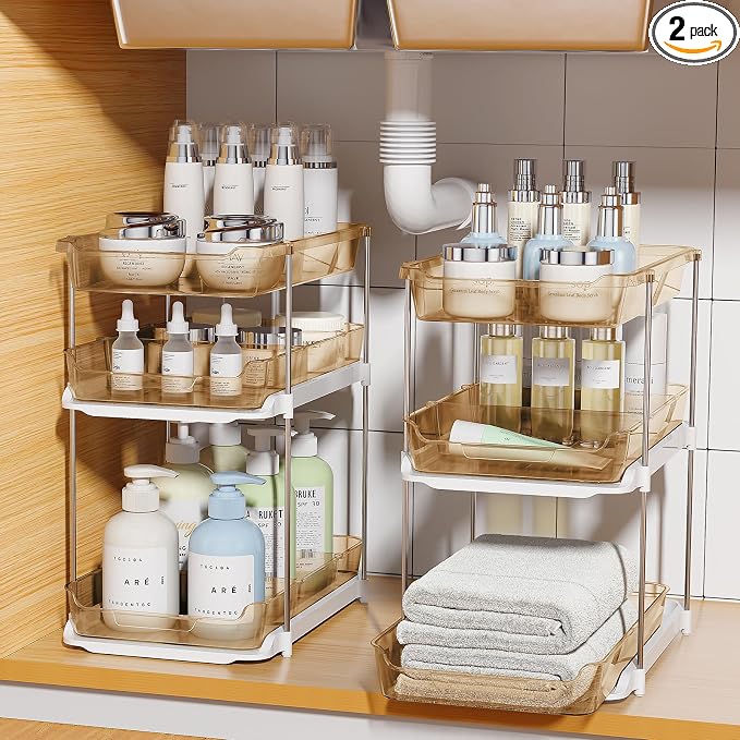 Delamu 2 Pack 3-Tier Bathroom Under Sink Organizers and Storage, Pull Out Clear by DELAMU