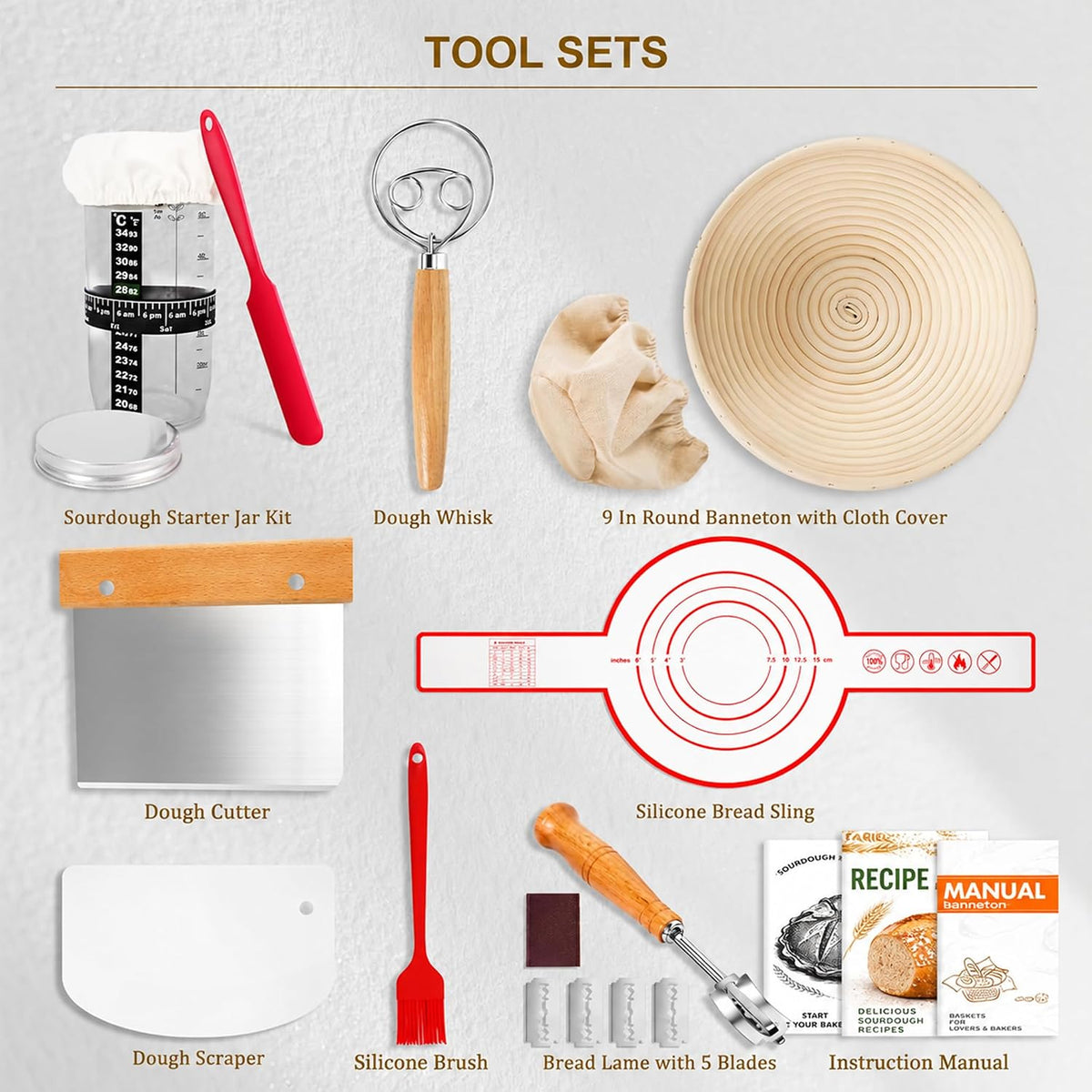 Complete Sourdough Starter Kit, Bread Baking Supplies, 9'' Round