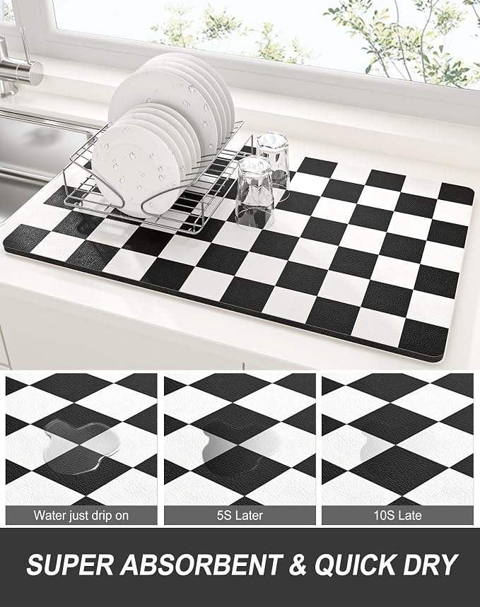 Rnivvi Dish Drying Mat for Kitchen Counter, XL 15 x 24" Cute Checkered - Image 3