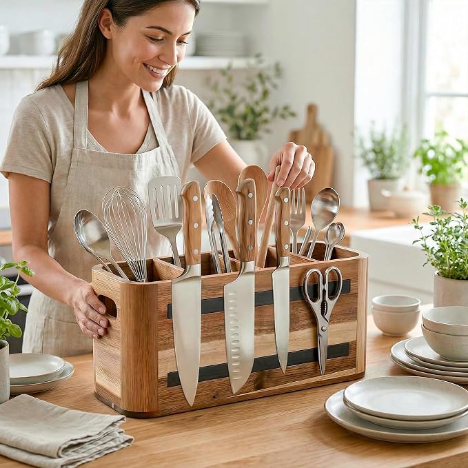 Acacia Wood Utensil Holder for Kitchen Countertop, Extra Large Wooden Utensil - Image 2