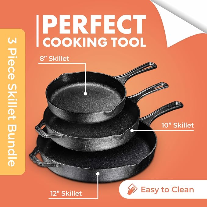 Bruntmor 8, 10 and 12 Inch Pre-Seasoned Frying Pan Set of 3, Oven Safe Skillet - Image 4