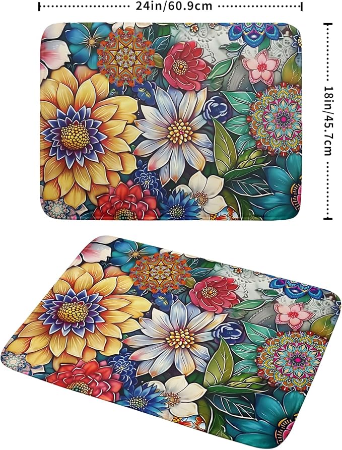 Boho Floral Dish Drying Mat for Kitchen Counter 18x24 Inch Super Absorbent - Image 2