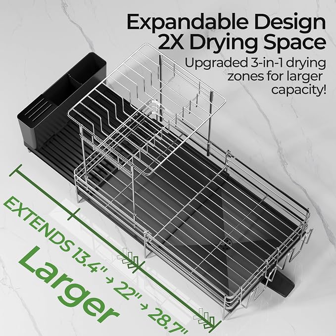 Large 2 Tier Dish Drying Rack, Extendable Dish Rack, Stainless Steel Anti-Rust - Image 6