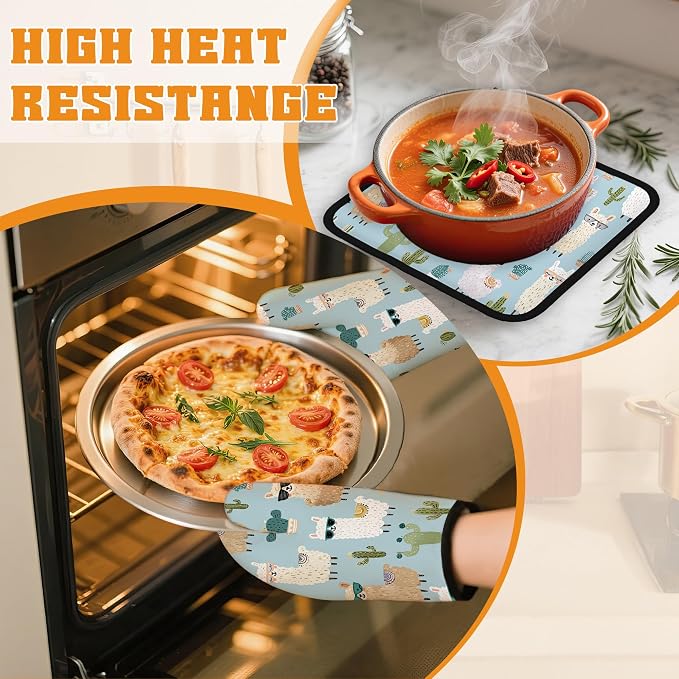 Cute Alpacas Oven Mitts and Pot Holders Set, Cactus Kitchen Decor Heat - Image 6
