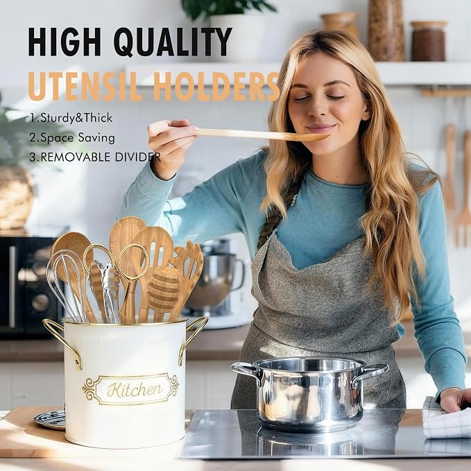 Kitchen Utensil Holder, 5.1" Metal Cooking Utensil Crock - Image 5