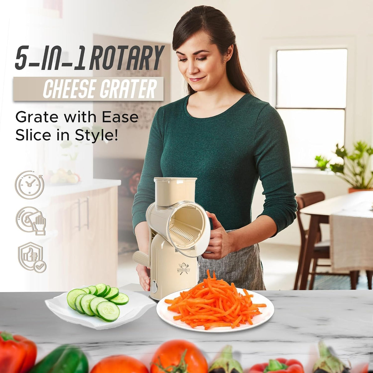 Rotary Cheese Grater Hand Crank, 5 in 1 Vegetable Slicer, Manual