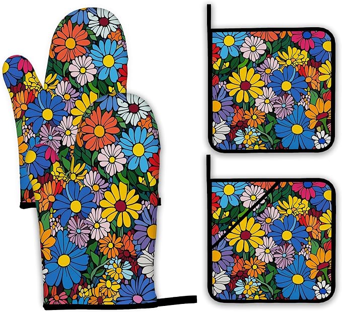 Abstract Hippie Flower Oven Mitts and Pot Holders, Heat Resistant Oven Mitts by Unknown
