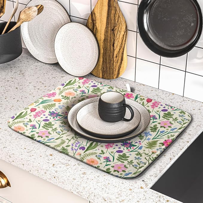 Spring Floral Dish Drying Mat for Kitchen Counter 16x18 Pink Sage Green Flower - Image 5