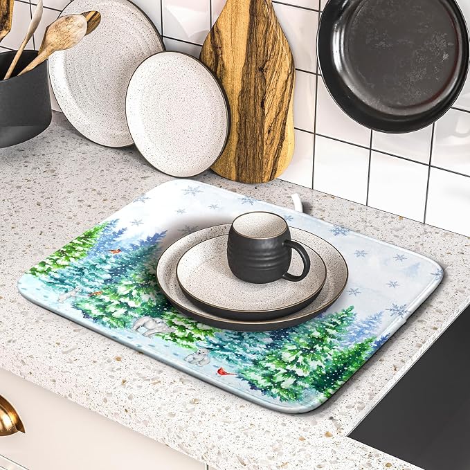 Watercolor Winter Dish Drying Pad Forest Kitchen Mat - Image 5