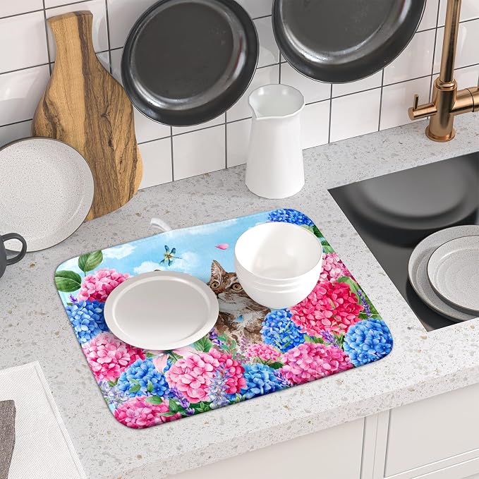 Hydrangea Floral Dish Drying Mat Cute Cat Microfiber Absorbent Dish Drying Pad - Image 6