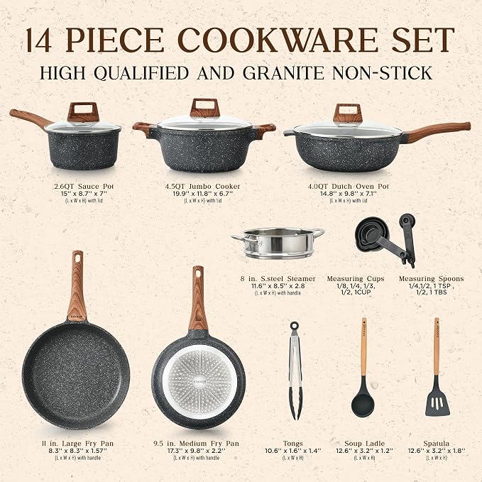 Bakken-Swiss 14-Piece Kitchen Cookware Set – Granite Non-Stick – Eco-Friendly – - Image 2