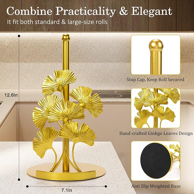Vintage Gold Ginkgo Paper Towel Holder Countertop - Image 3