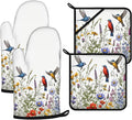 Wildflowers Birds Oven Mitts and Pot Holders Sets 4Pcs, Extra Long Oven Gloves by VisittheDuibelproduct