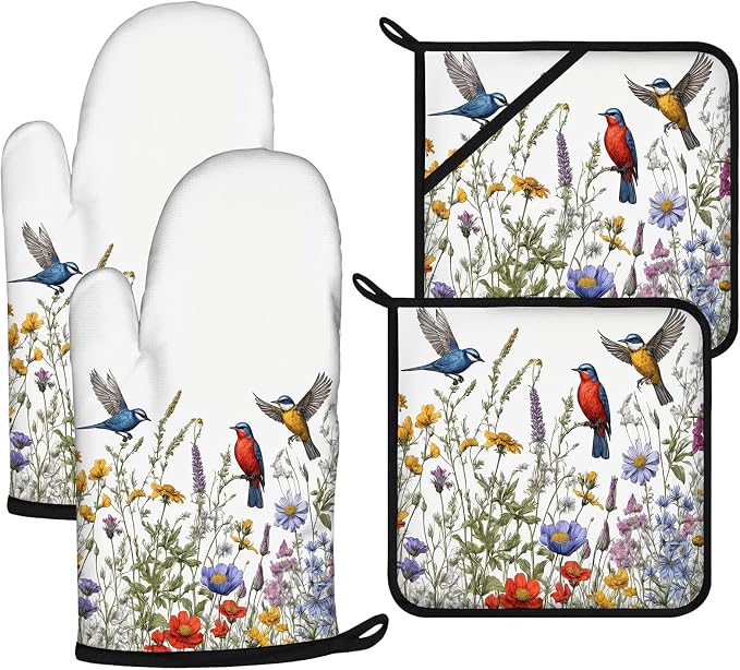 Wildflowers Birds Oven Mitts and Pot Holders Sets 4Pcs, Extra Long Oven Gloves by VisittheDuibelproduct