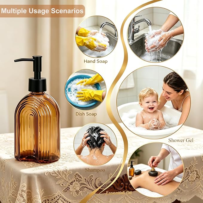 Black Pump Glass Soap Dispenser, 12oz Brown Stripe Countertop Refillable Liquid - Image 6