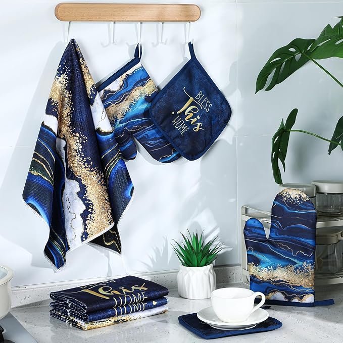 Leinuosen 8 Pcs Blue Marble Kitchen Decor Dish Towels and Oven Mitts Sets Pot - Image 7