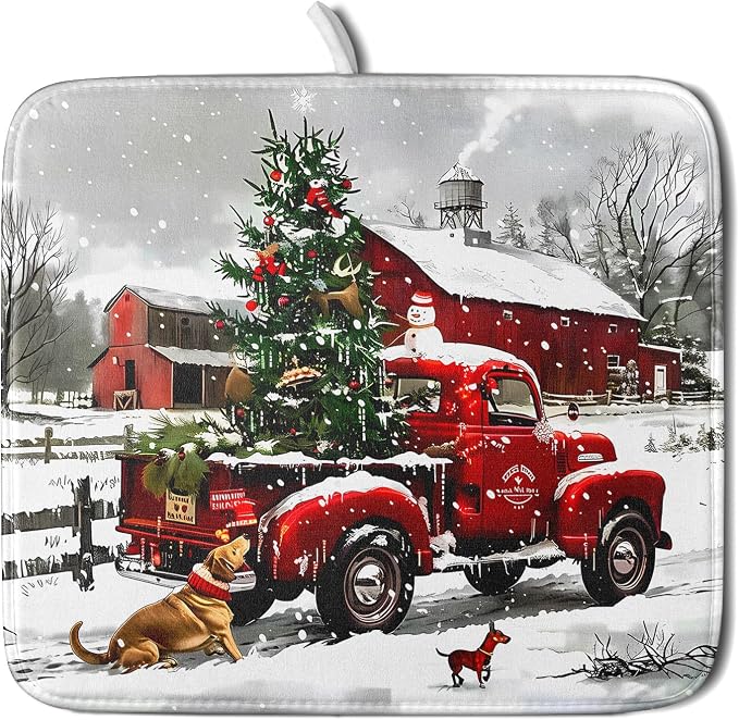 Christmas Red Truck Dish Drying Mat by Aytipun