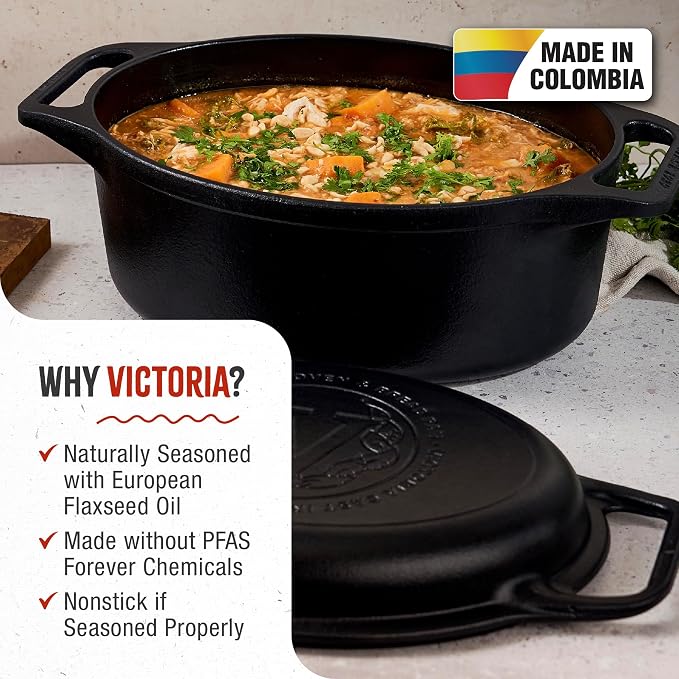 Victoria 6-Quart Cast Iron Oval Dutch Oven, Combination Combo Cooker Pot and - Image 2