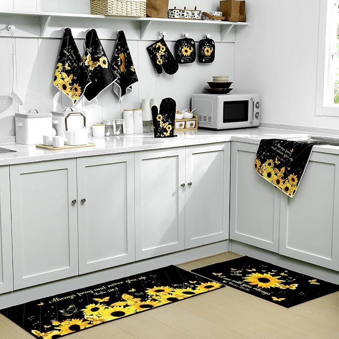Fourluoo 10 Pcs Sunflower Butterfly Kitchen Dish Towels Rugs Oven Mitts and Pot - Image 7