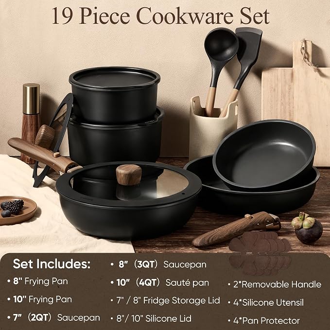CAROTE 19pcs Pots and Pans Non Stick, Cookware Sets Detachable Handle, - Image 2