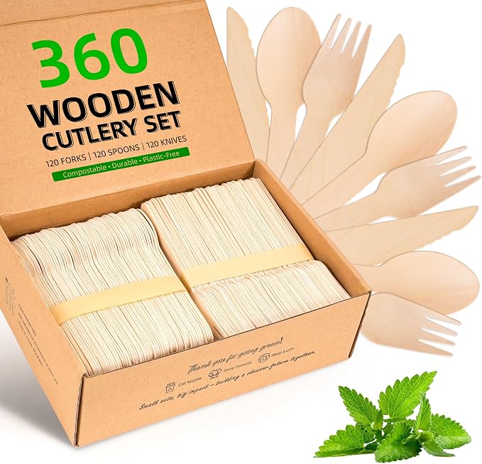 Disposable Wooden Utensils Set, Compostable Utensils, Disposable Cutlery by FEHHTOEco-friendlyLiving