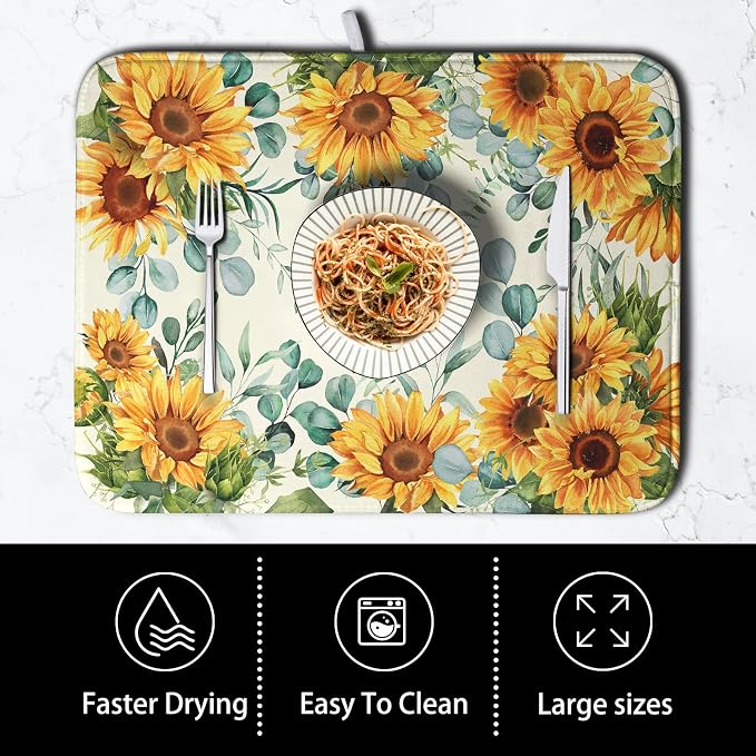 Sunflowers Dish Drying Mat for Kitchen Counter Yellow Flower Green Leaves Dish - Image 4