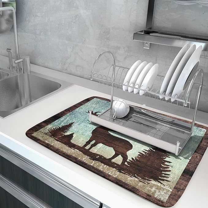 Giwawa Retro Deer Forest Cabin Silhouette Dish Drying Mat Countertop 18x24 Fall - Image 5