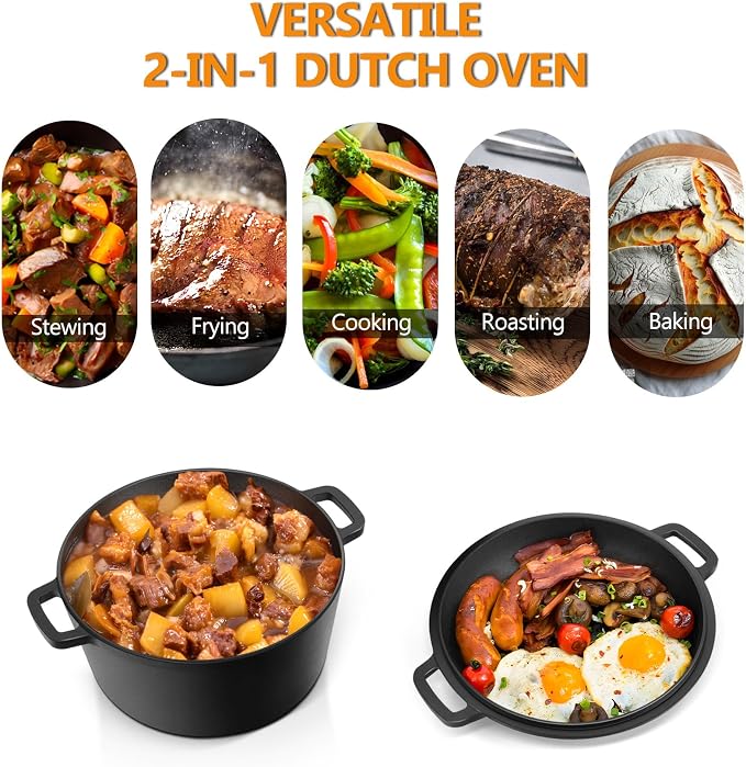 P&P CHEF 5Qt Dutch Oven Pot for Bread Baking, 2 In 1 Round Cast Iron Dutch Oven - Image 6