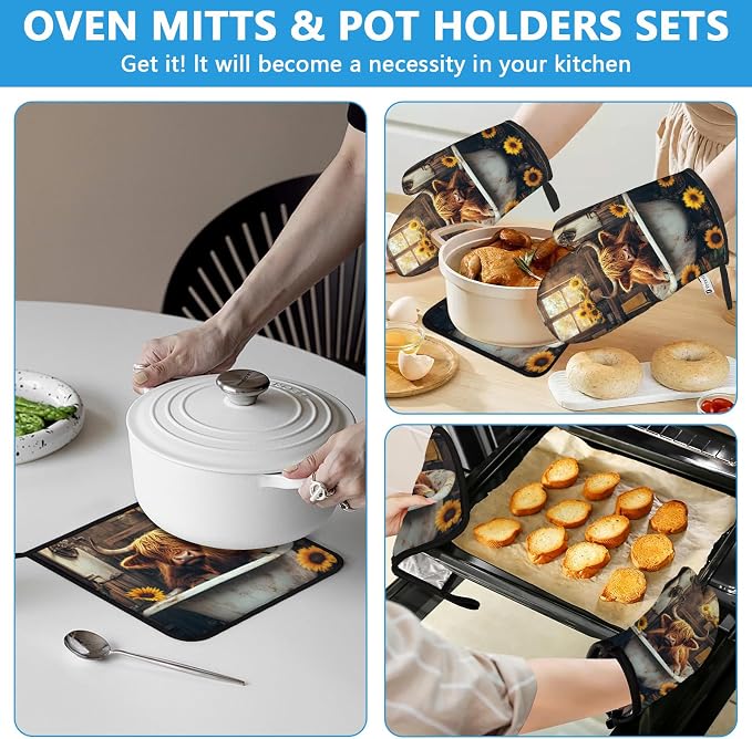 Highland Cow Sunflower Oven Mitts and Pot Holders Sets Heat Resistant 4Pcs - Image 6