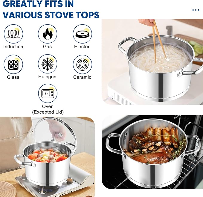 TeamFar 5 QT Stock Pot, Tri-ply Bottom Stainless Steel Stockpot Cooking Soup - Image 4