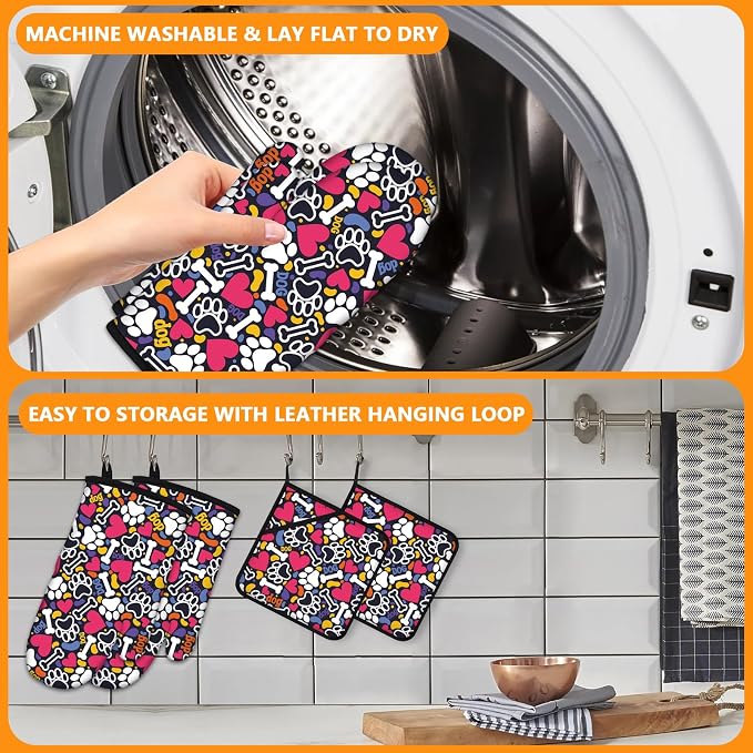 Paw Prints Oven Mitts and Pot Holders Sets 4Pcs, Extra Long Oven Gloves - Image 5