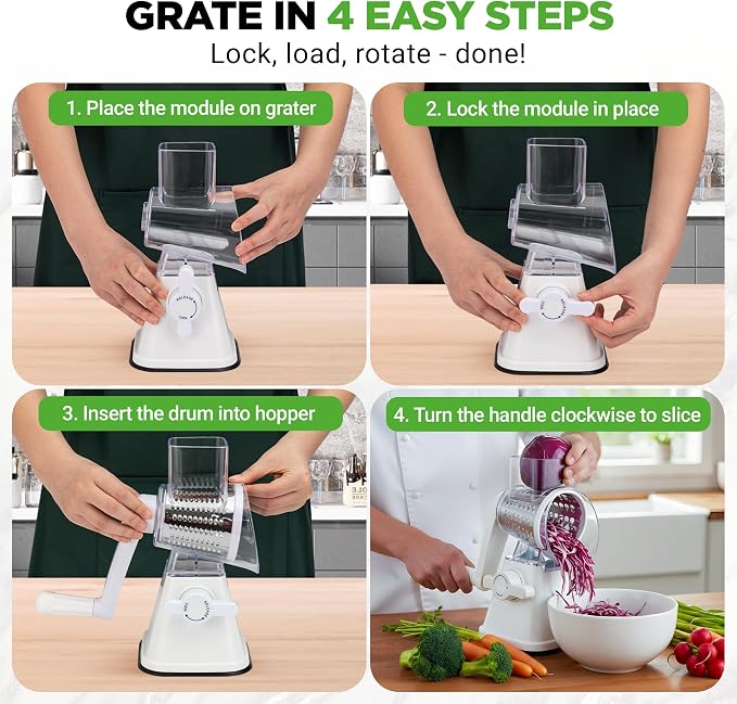 NutriChef 3 in 1 Cheese Grater & Shredder | Strong Suction Base, Rotary Handle - Image 2