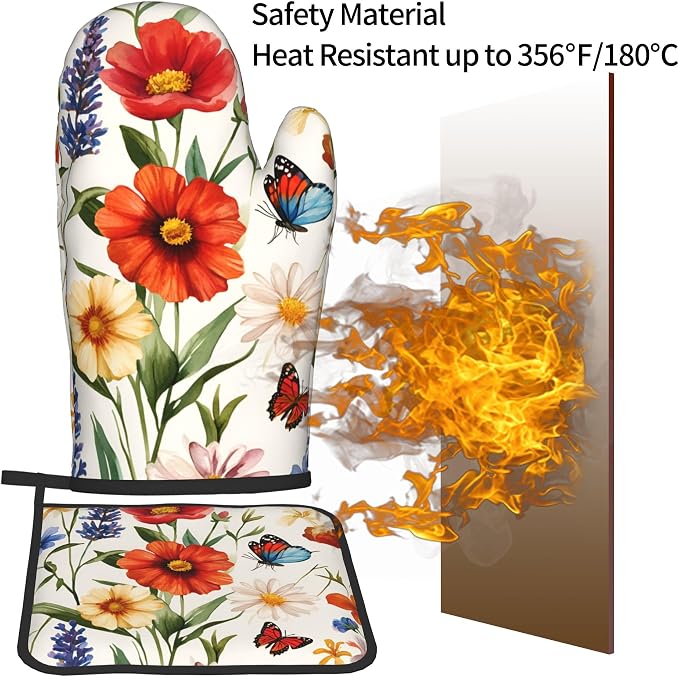 Cute Oven Mitts and Pot Holders Sets Poppy Daisy Flowers Kitchen Gloves - Image 6