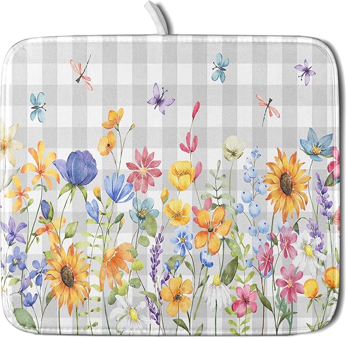 Giwawa Spring Floral Dish Drying Mat, Summer Flower Grey Buffalo Plaids Dish by Giwawa