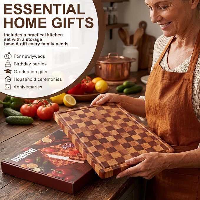 Checkered Cutting Board with Stand, Dual-Sided Wood Cutting Board with Juice - Image 7
