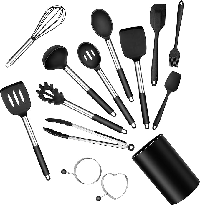 Silicone Cooking Utensils Set, E-far 14-Piece Black Kitchen Utensils Set by E-far